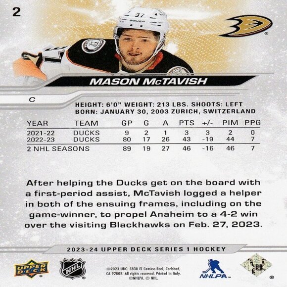 Mason McTavish (Ducks) 2023/2024 Upper Deck Series 1 Hockey Card - Card Number 2 - Picture 2 of 2